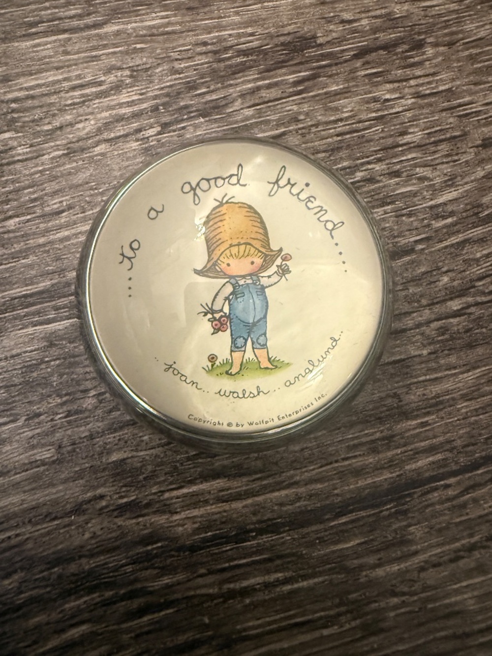 Vintage Joan Walsh Anglund Glass Dome Paperweight Friendship "To A Good Friend"